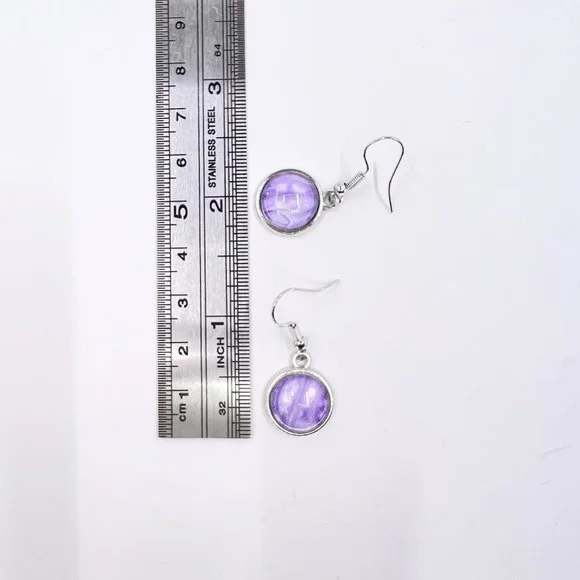 New / Handcrafted - Round Purple Paint Skin Silver Tone Fishhook Earrings - Picture 5 of 5